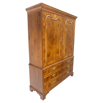 Pre-owned Henredon Burl Wood Walnut Linen Press Lighted Cabinet Credenza Hutch Secretary In Brown