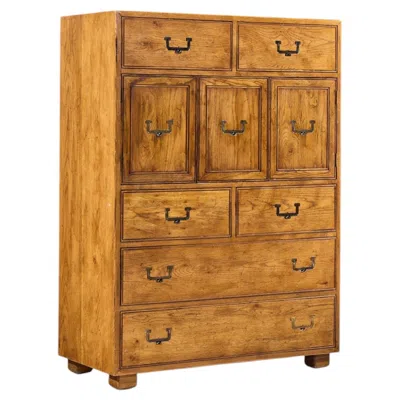 Pre-owned Henredon Campaign Mid Century Oak And Brass Highboy Dresser Armoire In Brown