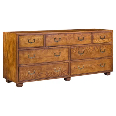 Pre-owned Henredon Campaign Mid Century Oak And Brass Lowboy Dresser In Brown