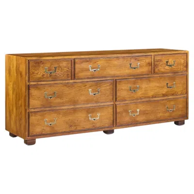 Pre-owned Henredon Campaign Mid Century Oak And Brass Lowboy Dresser In Brown