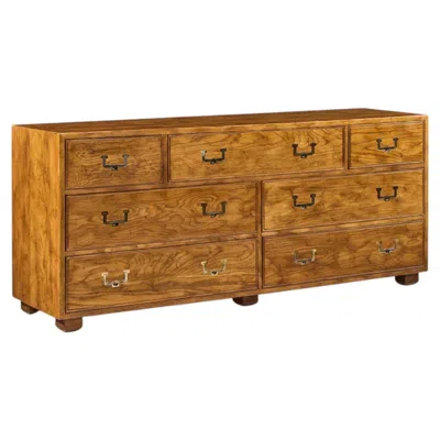 Pre-owned Henredon Campaign Mid Century Oak And Brass Lowboy Dresser In Brown