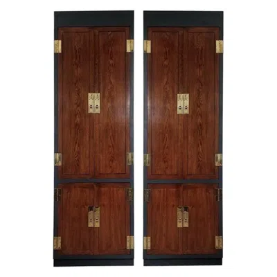 Pre-owned Henredon Campaign Style Lacquered Tall Fitted Cabinets By , Pair In Brown