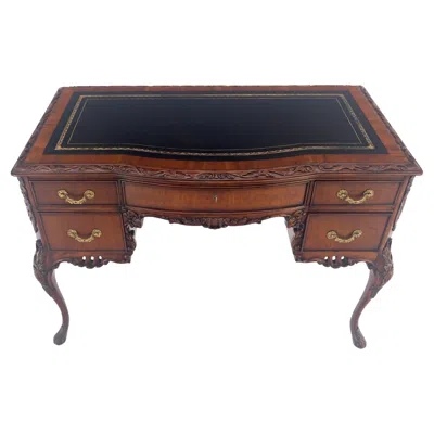 Pre-owned Henredon Carved Mahogany Embossed Black Leather Top Petit Compact 5 Drawers Desk Mint