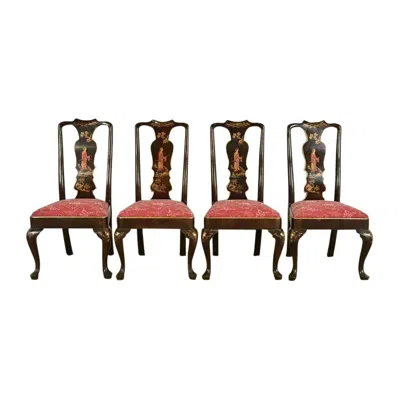 Pre-owned Henredon Chinoiserie Queen Anne Hand Painted Oak And Burl Wood Dining Chairs In Brown
