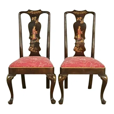 Pre-owned Henredon Chinoiserie Queen Anne Hand Painted Oak Side Chairs Or Dining Chairs In Brown