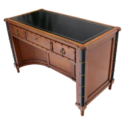 Pre-owned Henredon Faux Bamboo Black Leather Top Mahogany Desk With Curved Bottom Doors Compartment