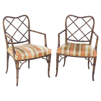 Pre-owned Henredon Faux Bamboo Hollywood Regency Armchairs, Pair In Brown