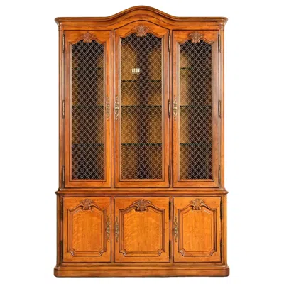 Pre-owned Henredon French Provincial Louis Xv Carved Walnut Lighted Breakfront Bookcase In Brown