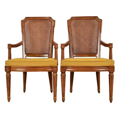Pre-owned Henredon French Regency Louis Xvi Carved Walnut Cane Back Armchairs, Pair In Brown