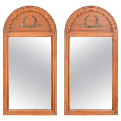 Pre-owned Henredon French Regency Louis Xvi Walnut And Brass Arched Wall Mirrors, Pair In Brown