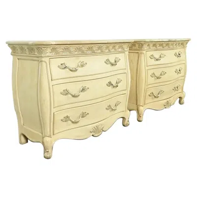 Pre-owned Henredon French Rococo Louis Xv Oak And Silver Gilt Marble Top Commodes, Pair In Sand