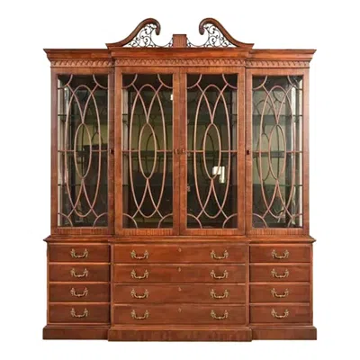 Pre-owned Henredon Georgian Carved Mahogany Lighted Breakfront Bookcase Cabinet In Brown