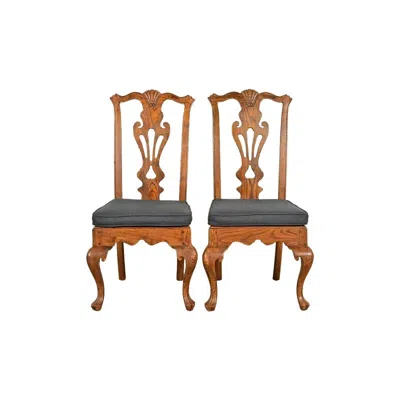 Pre-owned Henredon Georgian Carved Oak And Cane Side Chairs Or Dining Chairs, Pair In Brown