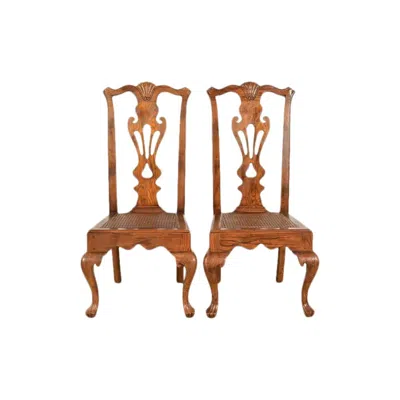 Pre-owned Henredon Georgian Carved Oak And Cane Side Chairs Or Dining Chairs, Pair In Brown