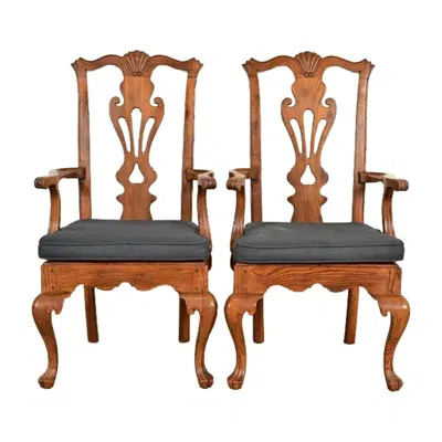 Pre-owned Henredon Georgian Carved Solid Oak Armchairs, Pair In Brown