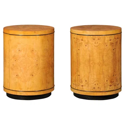Pre-owned Henredon Gorgeous Pair Of Bookmatch Olivewood Cylinder Cabinets By , Circa 1980 In Brown