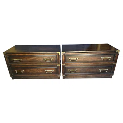 Pre-owned Henredon Handsome Pair  Campaign Style Night Stand Chests Mid-century In Brown