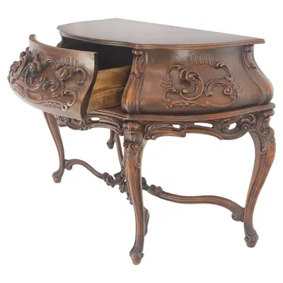 Pre-owned Henredon Heavily Carved Decorative Demi Lune Style Burl Walnut Top Console Table Mint In Brown