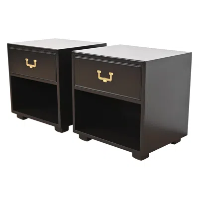 Pre-owned Henredon Hollywood Regency Black Lacquered Campaign Nightstands, Refinished