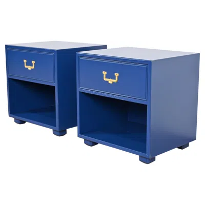 Pre-owned Henredon Hollywood Regency Campaign Blue Lacquered Nightstands, Newly Refinished