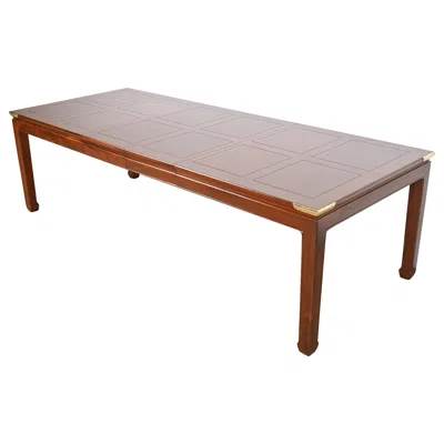 Pre-owned Henredon Hollywood Regency Chinoiserie Mahogany And Brass Extension Dining Table In Brown