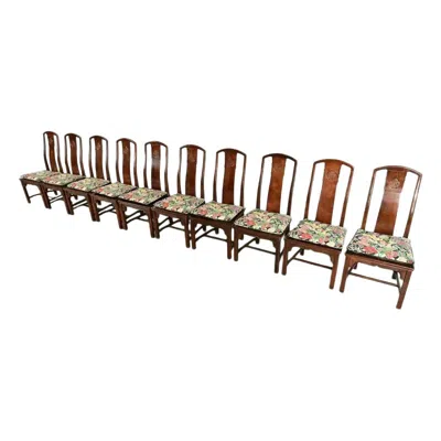 Pre-owned Henredon Hollywood Regency Chinoiserie Mahogany Dining Chairs, Set Of Ten In Brown