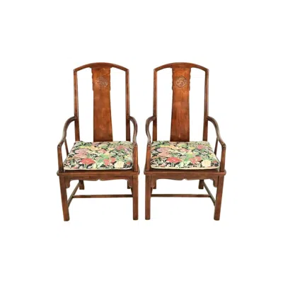 Pre-owned Henredon Hollywood Regency Chinoiserie Sculpted Mahogany Armchairs, Pair In Brown