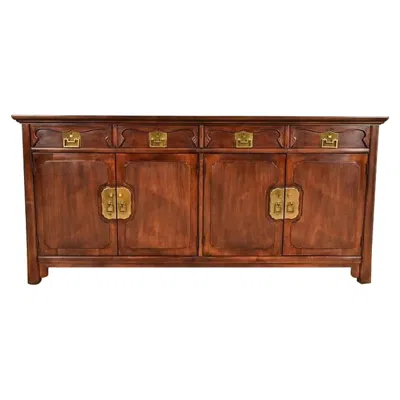 Pre-owned Henredon Hollywood Regency Chinoiserie Walnut Sideboard Credenza, Circa 1970s In Brown