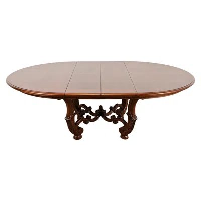 Pre-owned Henredon Italian Provincial Carved Walnut And Burl Wood Pedestal Dining Table In Brown