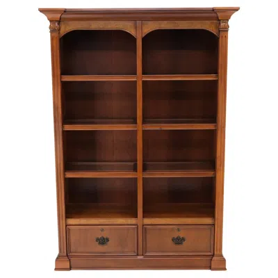 Pre-owned Henredon Large Colonial Two Drawer Compartment Double Bookcase Shelf Wall Unit Lights In Brown