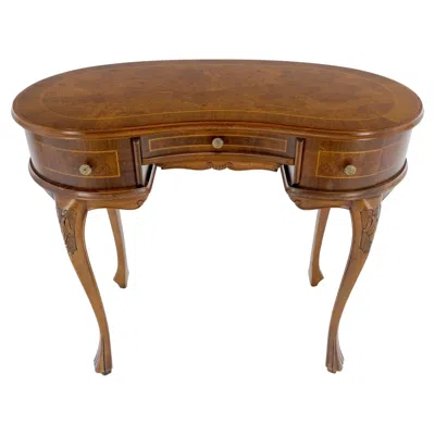 Pre-owned Henredon Low Profile Kidney Shape Burl Wood Compact Desk Writing Table Vanity Mint Italy In Brown