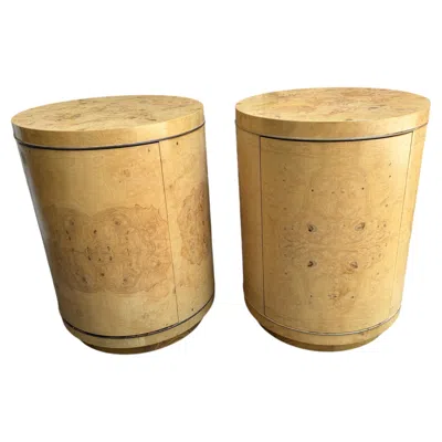 Pre-owned Henredon Magnificent Pair Burl Olive Wood  Drum Table Nightstand Mid-century In Brown