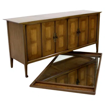 Pre-owned Henredon Mid Century Modern Burlwood Long Credenza 6 Drawers Dresser Matching Mirror Mint In Brown