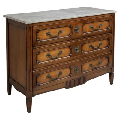 Pre-owned Henredon Mid-century French Louis Xvi Style Marble Top Carved Walnut Commode / Chest In Brown