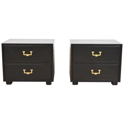 Pre-owned Henredon Mid-century Hollywood Regency Campaign Black Lacquered Bedside Chests