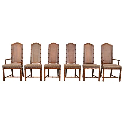 Pre-owned Henredon Mid-century Hollywood Regency Walnut And Cane Bamboo Form Dining Chairs In Brown