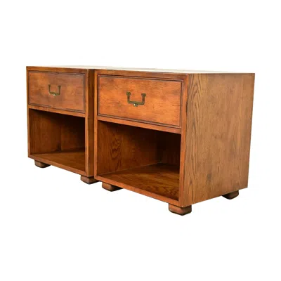 Pre-owned Henredon Mid-century Modern Campaign Oak Nightstands, Pair In Brown