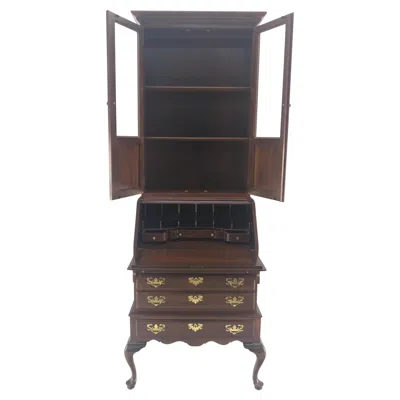 Pre-owned Henredon Narrow 30" Wide 4 Drawers Slant Front Secretary Desk W/ Glass Doors Bookcase In Brown