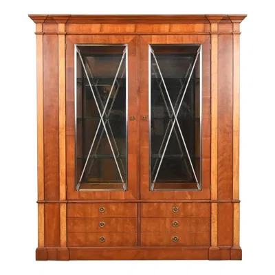 Pre-owned Henredon Neoclassical Or French Empire Cherry And Burl Wood Breakfront Bookcase In Brown