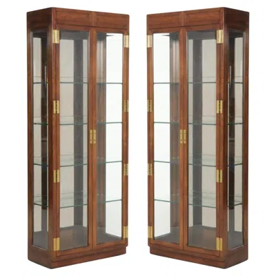 Pre-owned Henredon Pair Campaign Style Curio Display Cabinets By  In Brown
