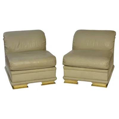 Pre-owned Henredon Pair Of 1980s Deco Revival  Leather Slipper / Lounge Chairs - Brass Feet In Brown