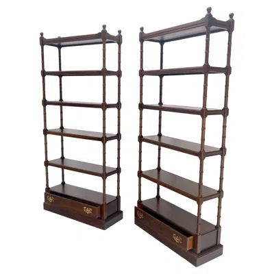 Pre-owned Henredon Pair Of 6 Tier Faux Bamboo Bottom Drawer Cherry Bookcases Round Ball Finials In Brown