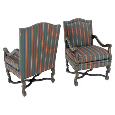 Pre-owned Henredon Pair Of Carved Bases & Arms Striped Upholstery Fire Side Arm Lounge Chairs Mint! In Gray