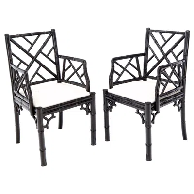 Pre-owned Henredon Pair Of Ebonized Faux Bamboo Armchairs With New Linen Fabric Upholstery In Brown