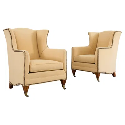 Pre-owned Henredon Pair Of  Butter Upholstered Wingback Club Chairs In Brown