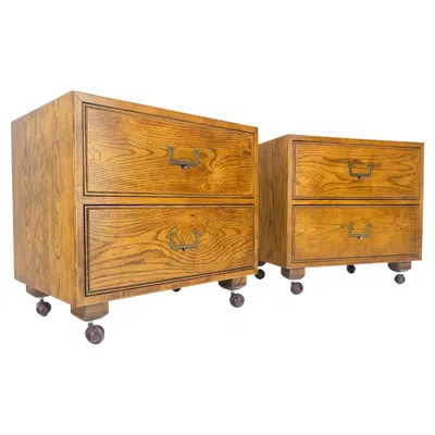 Pre-owned Henredon Pair Of  Two Drawer Campaign Style End Tables Night Stands Mint In Brown