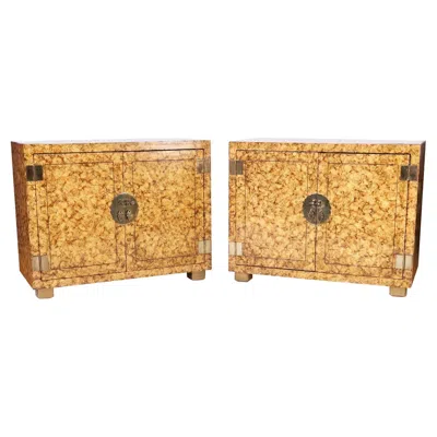 Pre-owned Henredon Pair Of Midcentury Asian Modern Faux Tortoise Cabinets By  In Brown