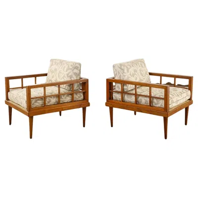 Pre-owned Henredon Pair Of Mid-century Mahogany Cube Chairs By  In Brown