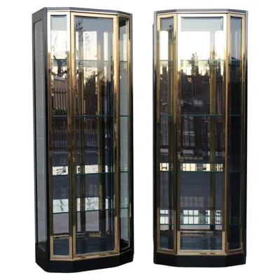 Pre-owned Henredon Pair Of Mid-century Modern  Black Lacquer & Brass Glass Display Cabinets