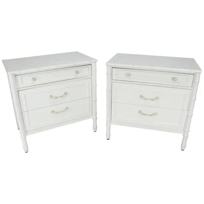 Pre-owned Henredon Pair Of White Lacquer Faux Bamboo Large Nightstands Three-drawer Bachelor Chests